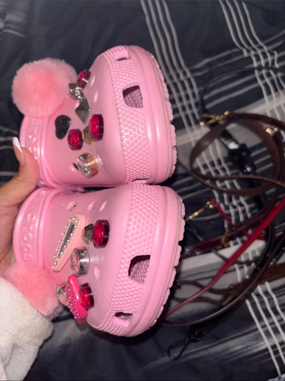 Croc flamingo Pink Jeweled Clog Sandals with Pom Pom - Picture 3 of 4